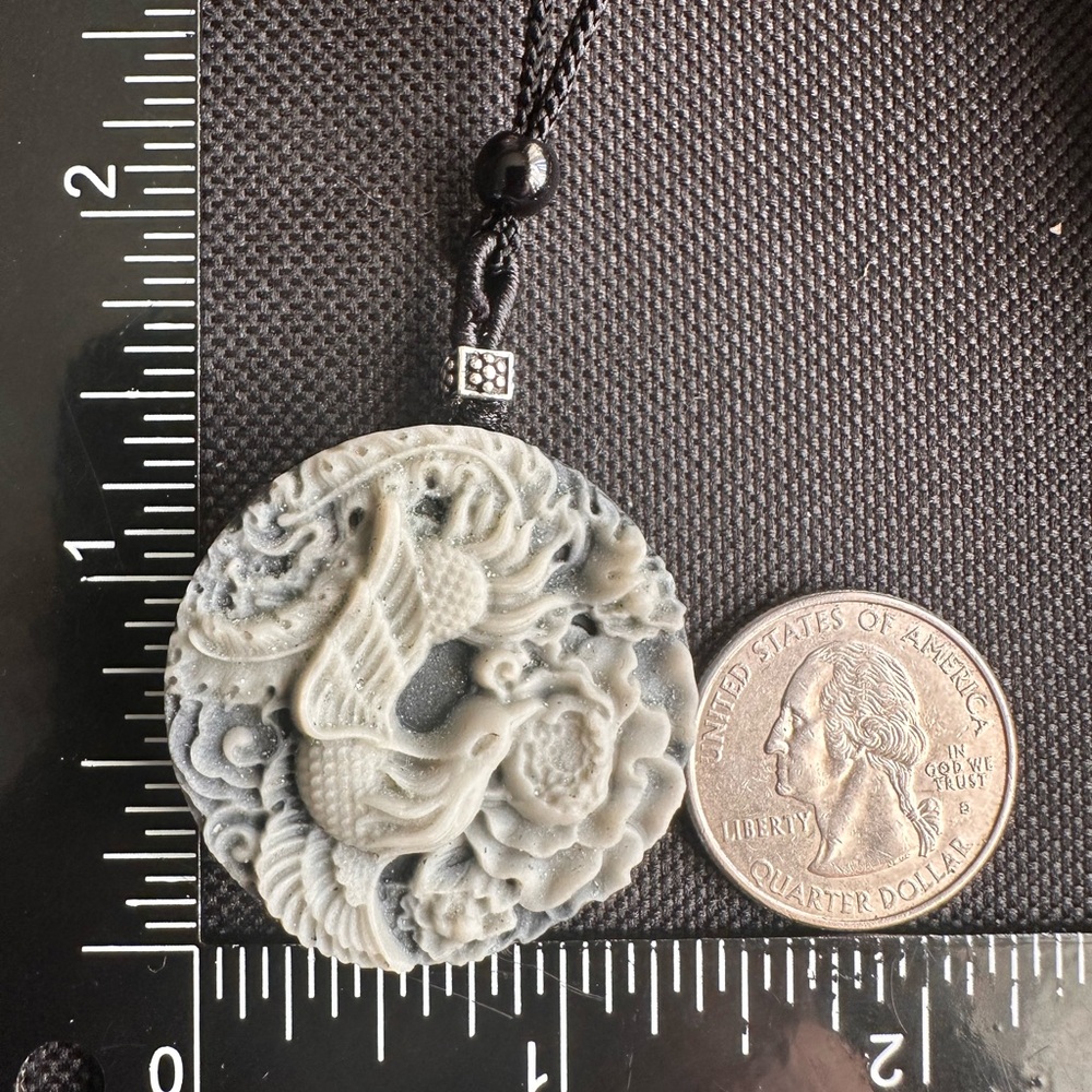Tai Chi Stone Phoenix an Dragon Pendant Necklace on Black Adjustable Rope - Picture 12 of 13